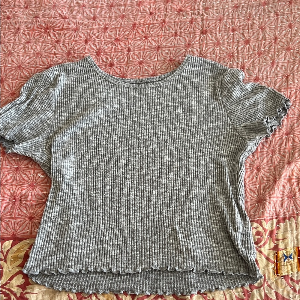 American Eagle Outfitters Gray Ribbed Short Sleeve Top-Cozy crop